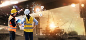 Workers discussing construction project innovations.Ai fleet planning smarter equipment