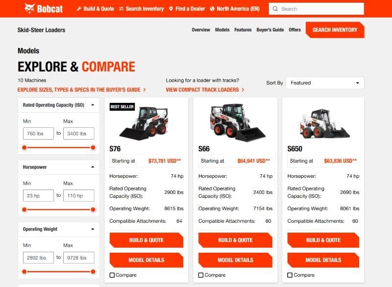 Bobcat skid-steer loader comparison page