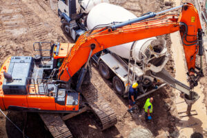 Construction site with heavy machinery jobsite flow 