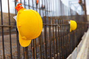 Yellow hard hats on construction site